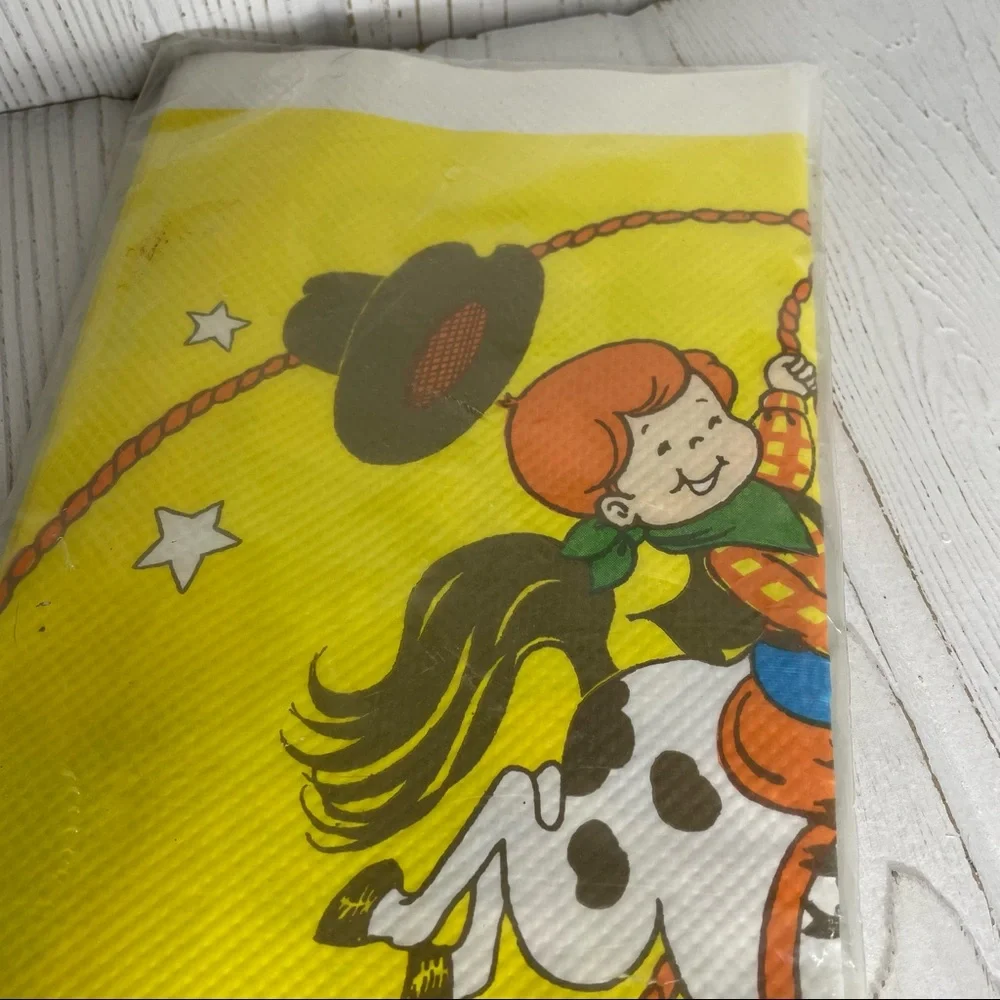 Vintage Forget Me Not Cowboy Rodeo Western Paper Tablecloth 54” x 96” NIP